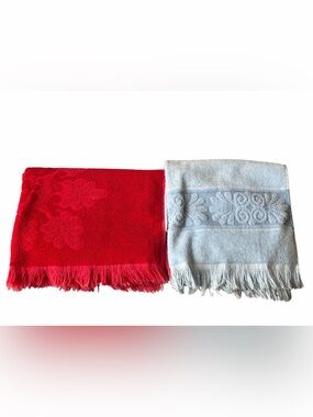 Cannon Vintage Towels Lot of 2, Fringed Jacquard Red and Light Blue